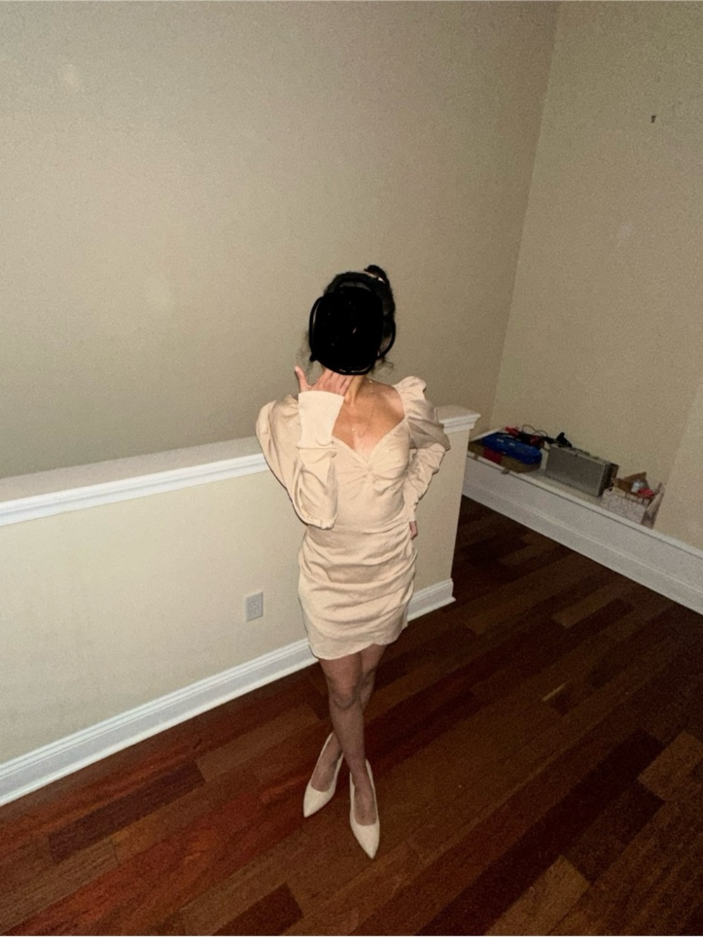 PrettyLittleThing Nude Ruched Puff-Sleeve Mini Dress